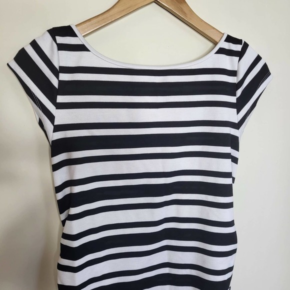 Soon Maternity Leo Cap Sleeve Black and White Stripe Maternity Dress - Picture 10 of 15